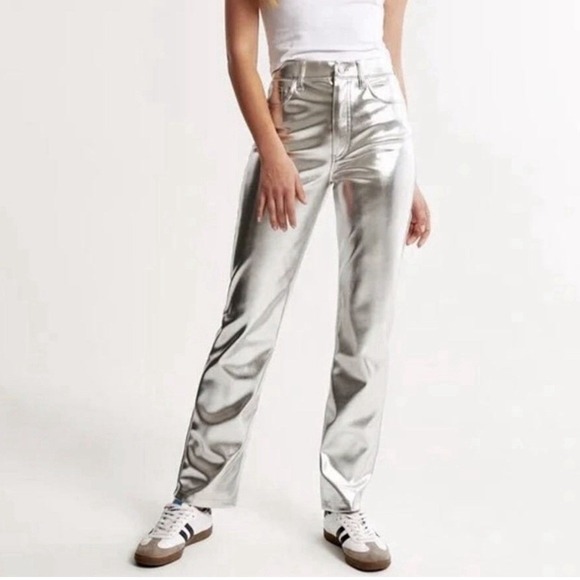 Abercrombie & Fitch Denim - Abercrombie & Fitch 90's Straight Y2K Ultra High Rise Silver Vegan Leather Pants